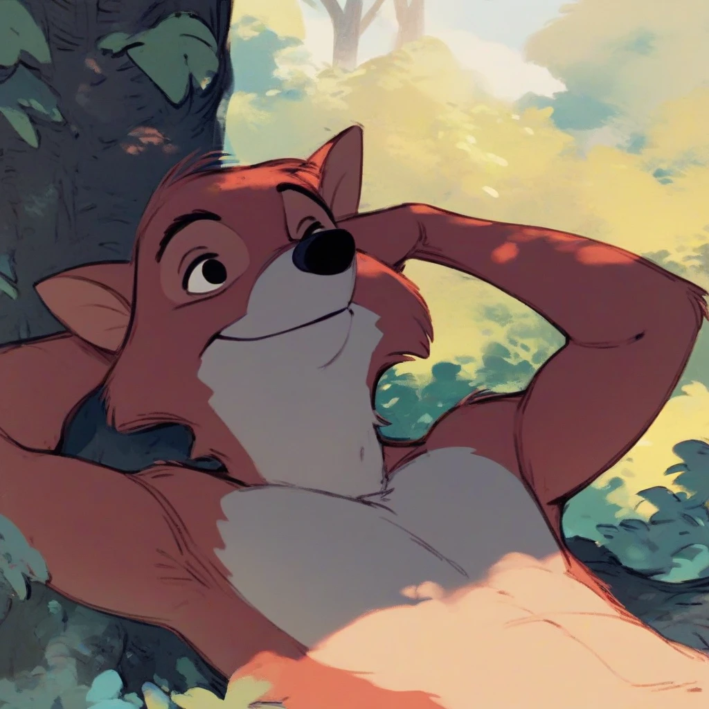 (robinhood:0.8) happy, reclining on tree, shirtless, naked 