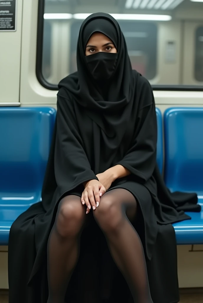 (masterpiece, best quality, 8k, RAW photo, beautiful and aesthetic:1.2), complex detail, Indirect light, photorealistic, full body, (sitting in train, black seats) Bohemian paisley circle skirt in earthy brown with a button-front closure, women , sitting chair , under skirt, thighhighs, underwear, (panties visible), pantyshot, glowing, closed eyes, sleeping, parted_lips, hijab
