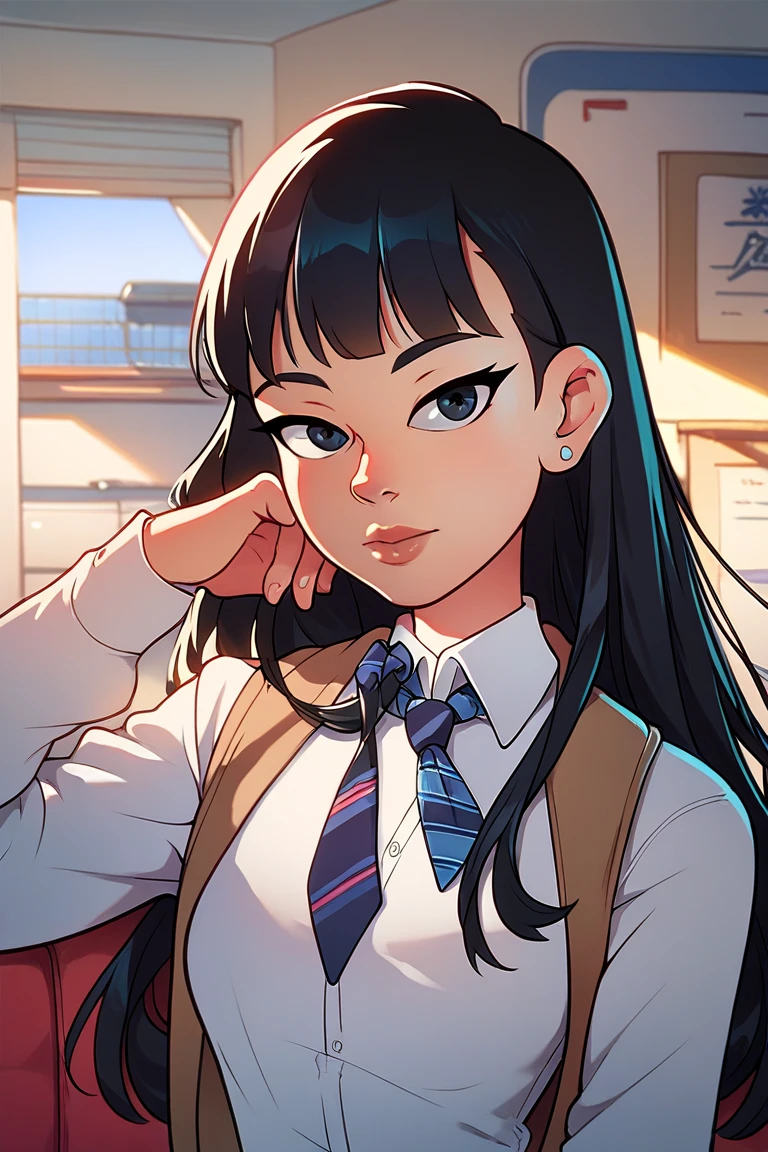 1girl, solo, long hair, looking at viewer, bangs, shirt, black hair, long sleeves, jewelry, closed mouth, white shirt, earrings, necktie, day, collared shirt, indoors, black eyes, vest, lips, striped necktie