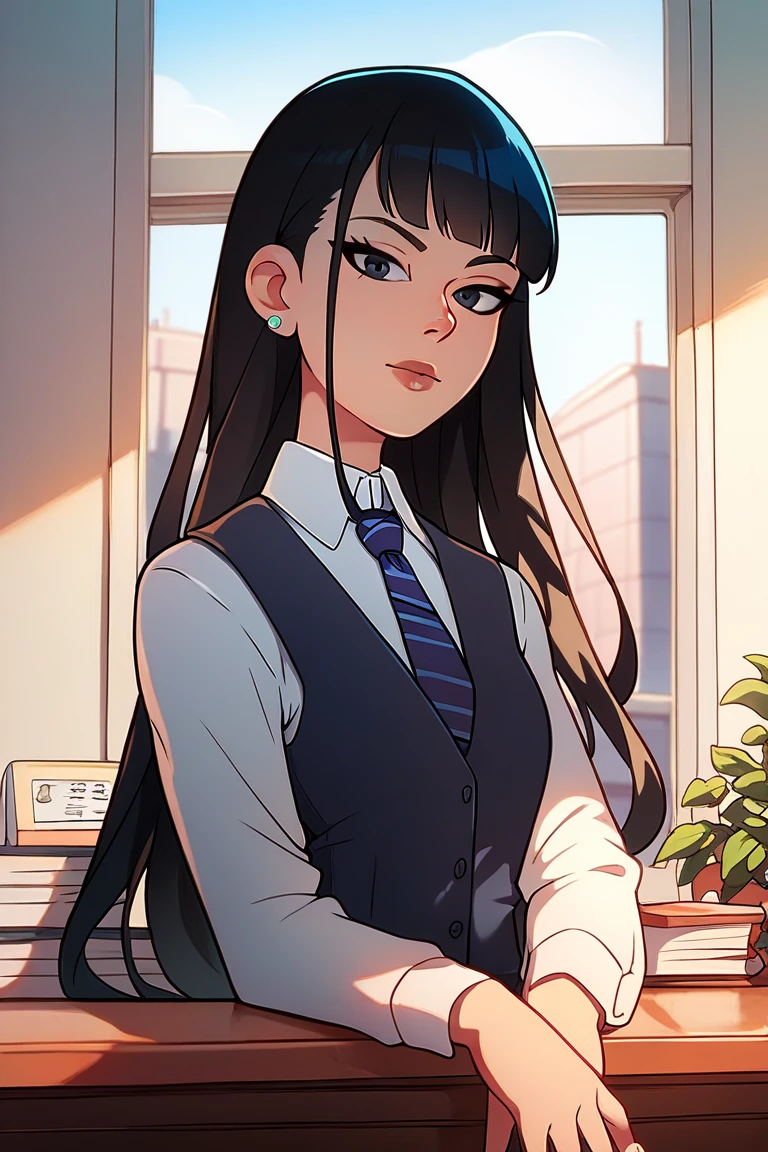 1girl, solo, long hair, looking at viewer, bangs, shirt, black hair, long sleeves, jewelry, closed mouth, white shirt, earrings, necktie, day, collared shirt, indoors, black eyes, vest, lips, striped necktie