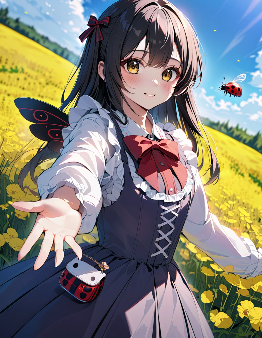 (In 8K, Best Quality, Master Piece: 1.2), Ultra High Resolution,1 girl,solo,16yo,ultra-detailed face,detailed eyes,(the girl has ladybug Wings on the back:1.3),brown eyes,Mascara,blush,cowboy shot,(cupping hand on a ladybug:1.2),two side up,black hair,red ribbon-trimmed long sleeves black dress,cute,looking at viewer,smile,depth of field,blue sky,rape blossoms Garden