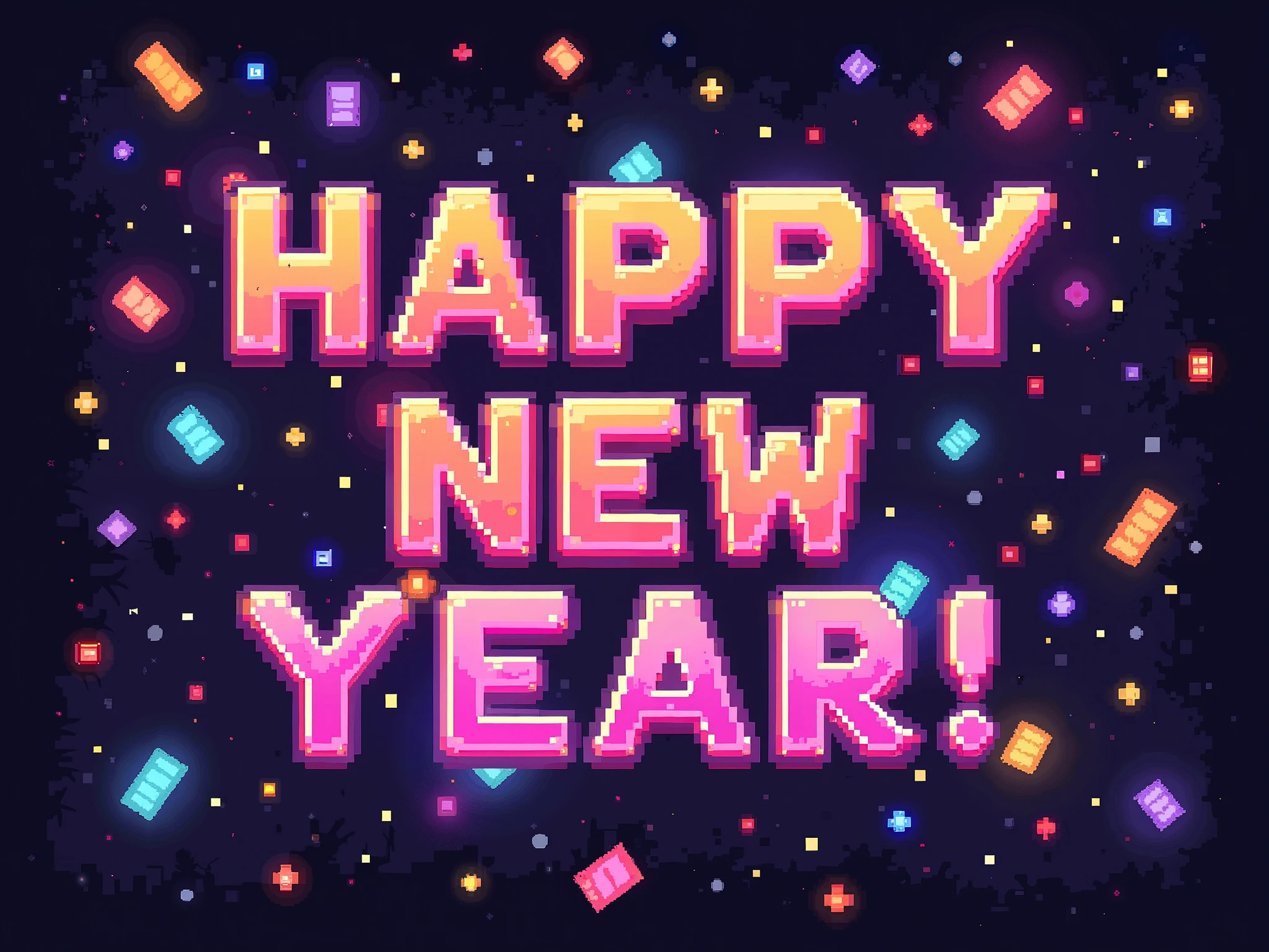 "Happy New Year" in a retro 1980s pixel art font with vibrant colors and confetti.
