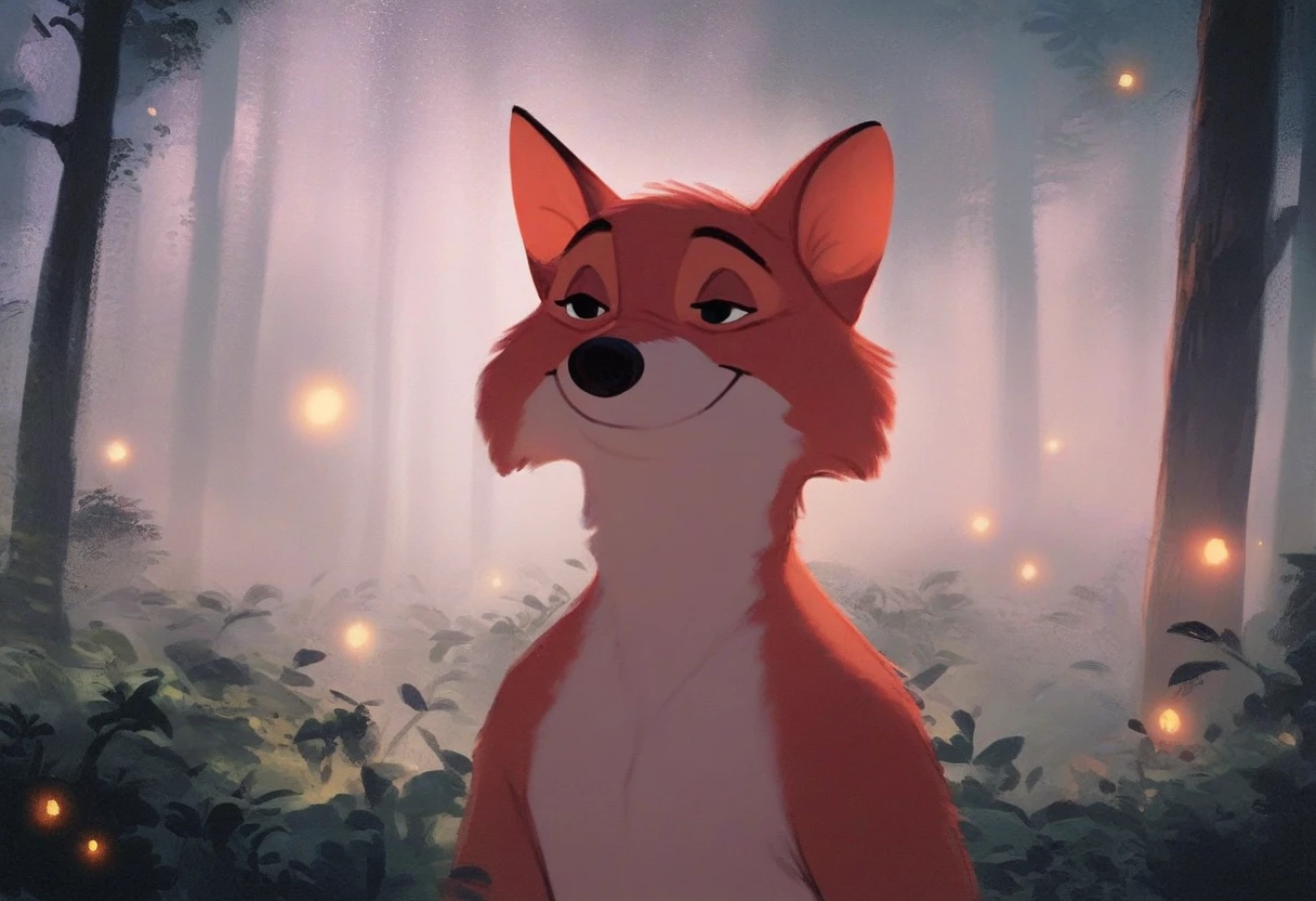 (robinhood:0.8), nude, naked, standing, facing forward, fluffy fur, orange fur, smile, half-closed eyes, detailed forest background, backlighting, night, firefly  