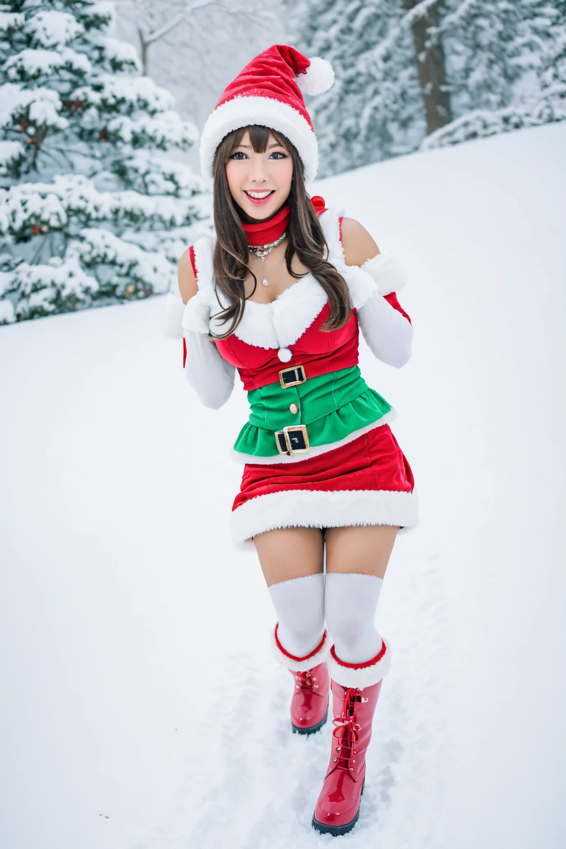​masterpiece、top-quality、hight resolution、独奏、outside of house、Santa Claus Lady、２９age、red and white santa suit and miniskirt、It's snowing、Sexy costumes