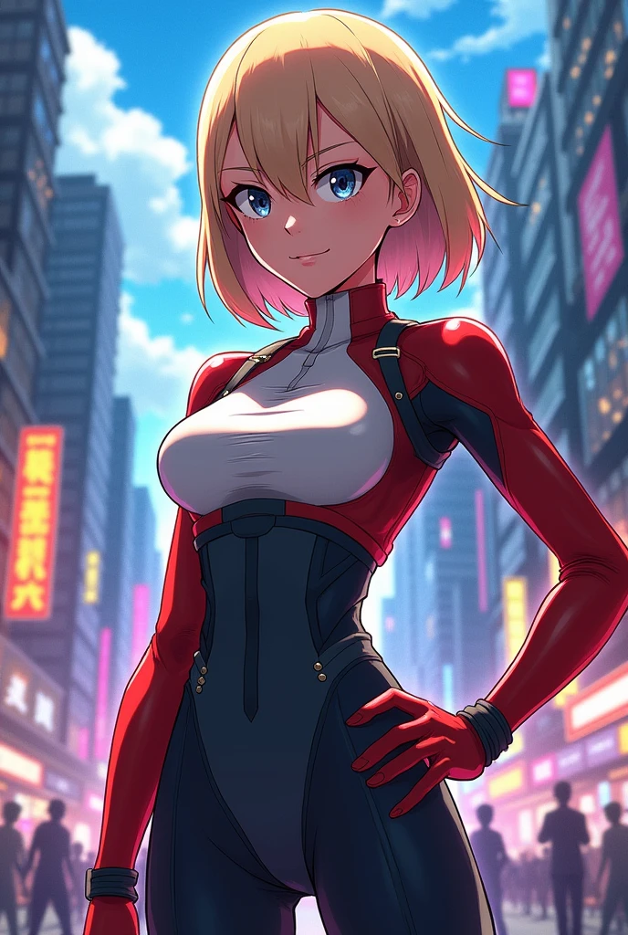 (Cowboy Shot、Very close)、((Focus on the upper body))、(((16K、masterpiece、High resolution、High resolution)))、1 young elven girl))、((Beautiful blonde))、short hair、((Beautiful Blue Eyes))、((Pointy Ears))、、Smiling Kindly、blush、Pink Lip Gloss,((Ultraman costume play、Shiny Rubber Suit))、((Skyscraper rooftop at night))、((Arms folded behind back、Emphasize the chest))