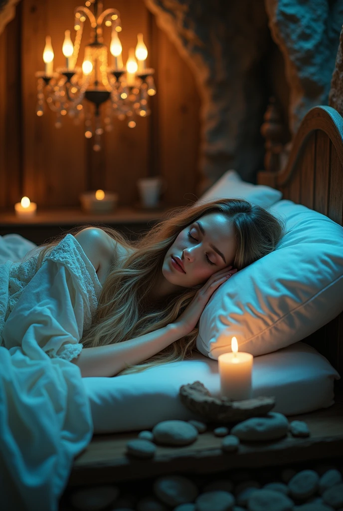 A large bed with an airy white canopy. There is a window behind the bed, it&#39;s night. White airy curtains hang on the window. Next to the bed is a chest of drawers, There are numerous candles on the dresser. All candles are lit and give off a beautiful atmospheric light. A beautiful woman with long dark curly hair lies on the bed. she lies on her back. She lies with her head at the foot end. Her head hangs a little over the foot end. She looks in my direction