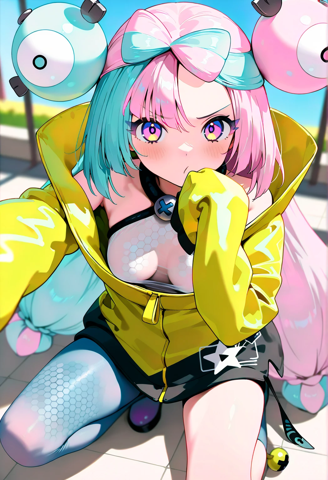 ultra realistic photo, raw photo, Realism, 3D rendering, Unity Engine, holographic,1girl,fairy,pokemon iono,blue hair,bow-shaped hair,character hair ornament,hair ornament,long hair,low-tied long hair,multicolored hair,pink hair,sharp teeth,split-color hair,twintails,two-tone hair,(pink eyes:1.5),|| asymmetrical legwear,bell,bow-shaped hair,character hair ornament,(hexagon print:0.8),oversized clothes,pantyhose,single leg pantyhose,split-color hair,jacket,(yellow jacket:1.5)、 medium chest 、 cute pose、 sexy pose 、hugging own legs、Pouting mouth、((unzipping:1.1、 down blouse for the morning:1.2))、(see-through shirt:1.4)、