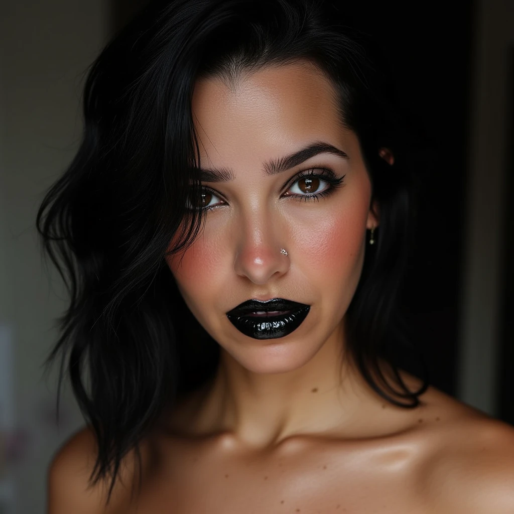 beautiful full body portrait, dripping black lip gloss, nude, euphoria, black hair, shiny lips, glossy lips, reflective lips, eye contact, look of sadness as she dips her chin down towards the viewer, lip fillers, full lips, shiny black gloss on lips, eyeliner flicks, naked, sad, messy hair