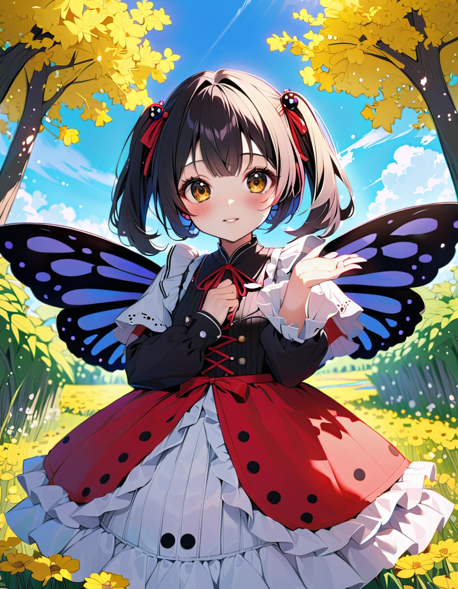 (In 8K, Best Quality, Master Piece: 1.2), Ultra High Resolution,1 girl,solo,16yo,ultra-detailed face,detailed eyes,(the girl has ladybug Wings on the back:1.3),brown eyes,Mascara,blush,cowboy shot,(cupping hand on a ladybug:1.2),two side up,black hair,long sleeves red ribbon-trimmed black dress,cute,looking at viewer,smile,depth of field,blue sky,rape blossoms Garden