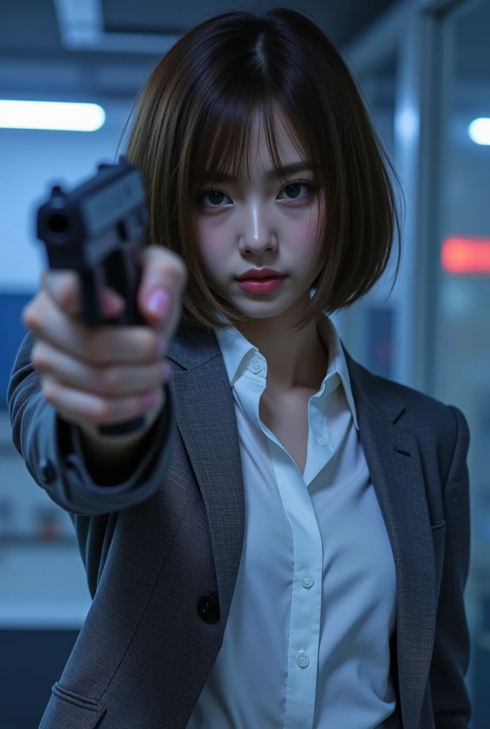 Portrait of a beautiful Japanese woman , Female criminal,  stylish closeup holding up a handgun, 拳銃を掲げる,  brown hair on one woman, Unkempt Damp Bob Cut Hair , Oily skin,  Cool Tone Lighting :1.331,  Sketchy Style :1.331,  high definition,  Digital Artwork ,   gray tailored jacket ,  White Business Shirts, 
