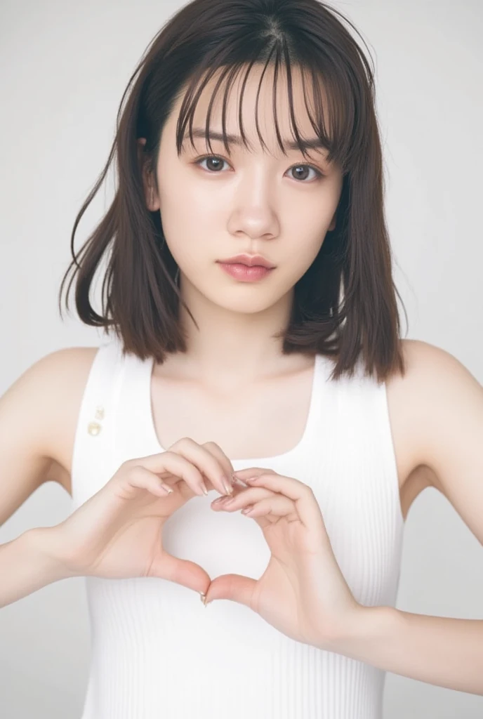  smile making a heart shape with hands:2.0、Tilt your face slightly to the right ;2.1 (Ultra-precise human anatomy ,  top quality、 RAW photo、8k、32K、masterpiece、 realistic 、 Photorealistic:1.37)、Cute Japanese women images、 tank top、）、  upper body、 1 girl、Photo Mapping、 Physically based rendering 、 high image quality、 high definition 、1080P、( beautiful face)、(Detailed facial description )、( Detailed description of the hand setter&#39;Muscle area)、( CG in detail)、 rich details 、( Stunning Features :1.35)、( detail eyes)、 of cute ladies are looking forward to your eyes、Delicate clavicle、 various poses 、非常にリアルで詳細な若い女性の  upper bodyポートレート。The skin is beautiful、  Soft light is reflected in the high part of the cheek  .、 Tiny pores and hair follicles、 You can see even the thinnest blood vessels 。The skin is smooth、natural flushing of cheeks 、Healthy glow。 The eyes are large and clear blue、Her iris has fine patterning、 Light is reflecting and shining in the eye。 There is a slight shadow under her eye 、 Her eyelashes are long and naturally curled。 her lips are soft pink 、Smooth texture with a natural glow、 Slightly reflects light。  the woman wears a simple white top  .、 background is pale black and white gradation .、焦点は完全に顔と  upper bodyに当たっている。 realistic  shadows and textures、 picture-like depiction.。
