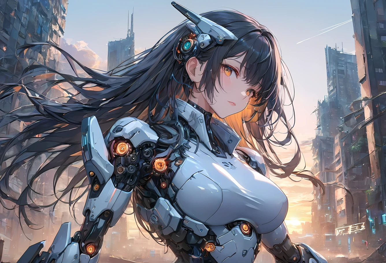 (((Best quality, 8k, Masterpiece: 1.3)), ((best quality)), ((masterpiece)), (detailed), perfect face, perfect body, (detailed skin:1.3), (intricate details), Sci-fi, android, mechanical arms, metallic body, streamlined body, black hair, glittering even to the tips, Ruined city and buildings, sunset, Cyberspace, a highly functional mechanical body