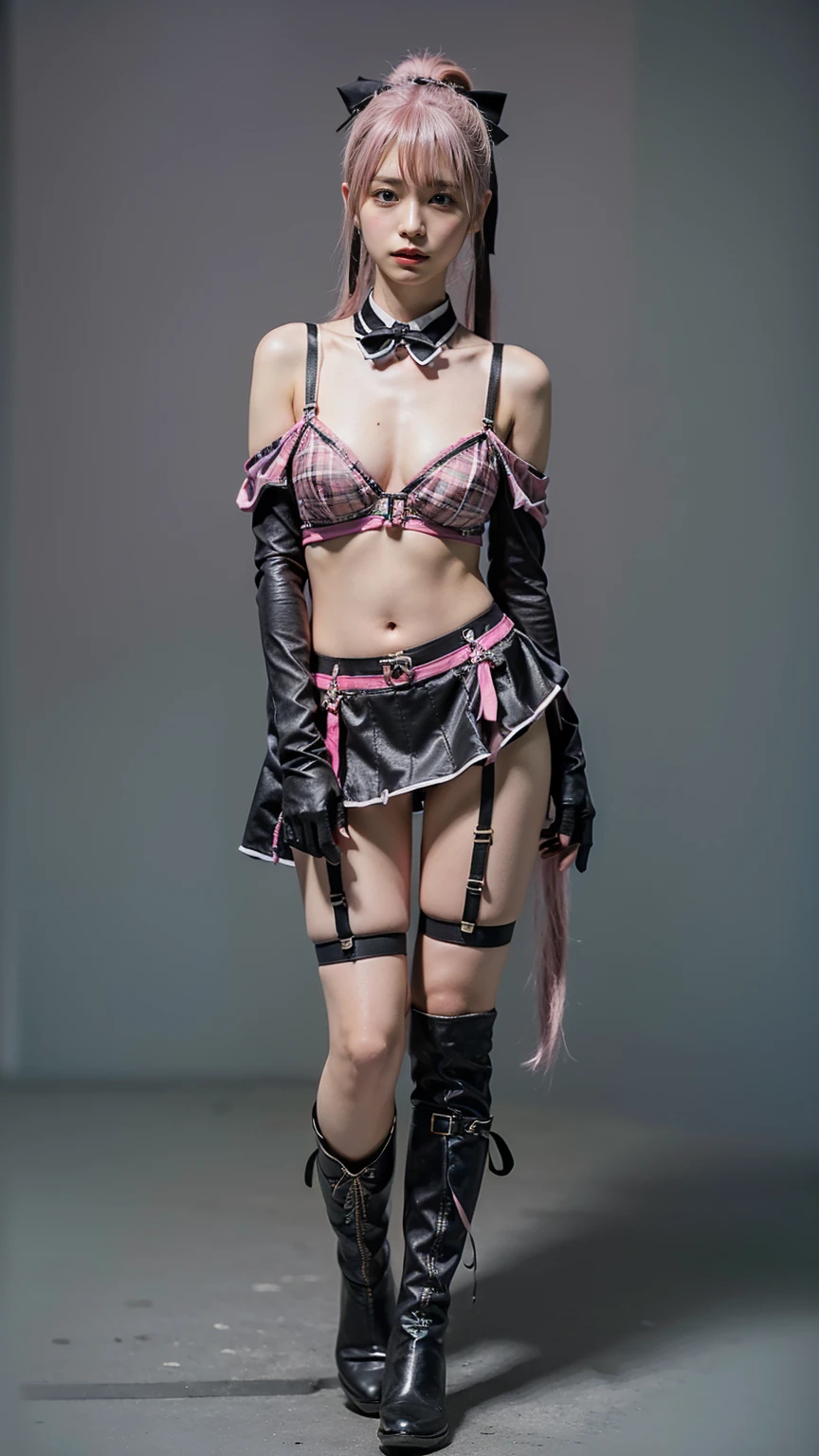 astolfo, Beautiful and slim perfect body, really spiky messy hair, short pink hair ,lock of white hair on left side, happy, smiling, blushing, thick lips, full lips, flat chest, Pectorals, not breasts, very thin body, open button-up shirt, shirt tied pectorals, midriff, choker, tiny micro pleated miniskirt, skirt barely covering panties, small bulge, thigh high stockings, high heeled sandals, perfect anatomy, classroom background, ultra-detailed, 4k, 8k, best quality, masterpiece, model, modeling, posing for camera, detailed background