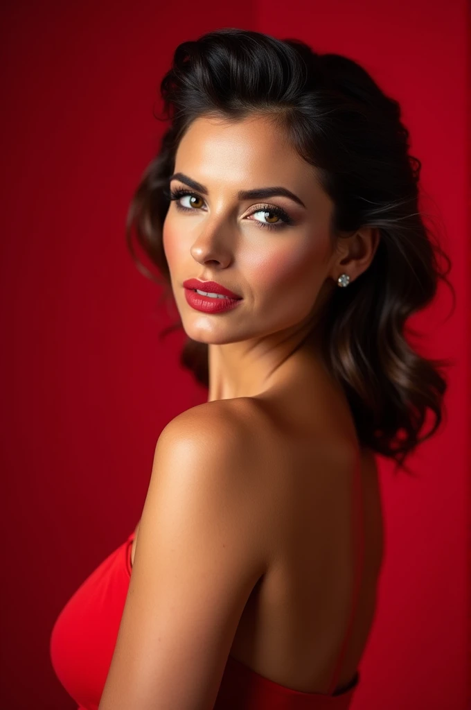 portrait de 1girl janerodbd, corps costaud, épais, Yeux noirs, Lèvres, Chignon, Milf latine, robe rouge sans bretelles, regarder le spectateur, très détaillé, grain de film, Séance photo Vogue, photographie 35 mm, professionnel, 4k, très détaillé,