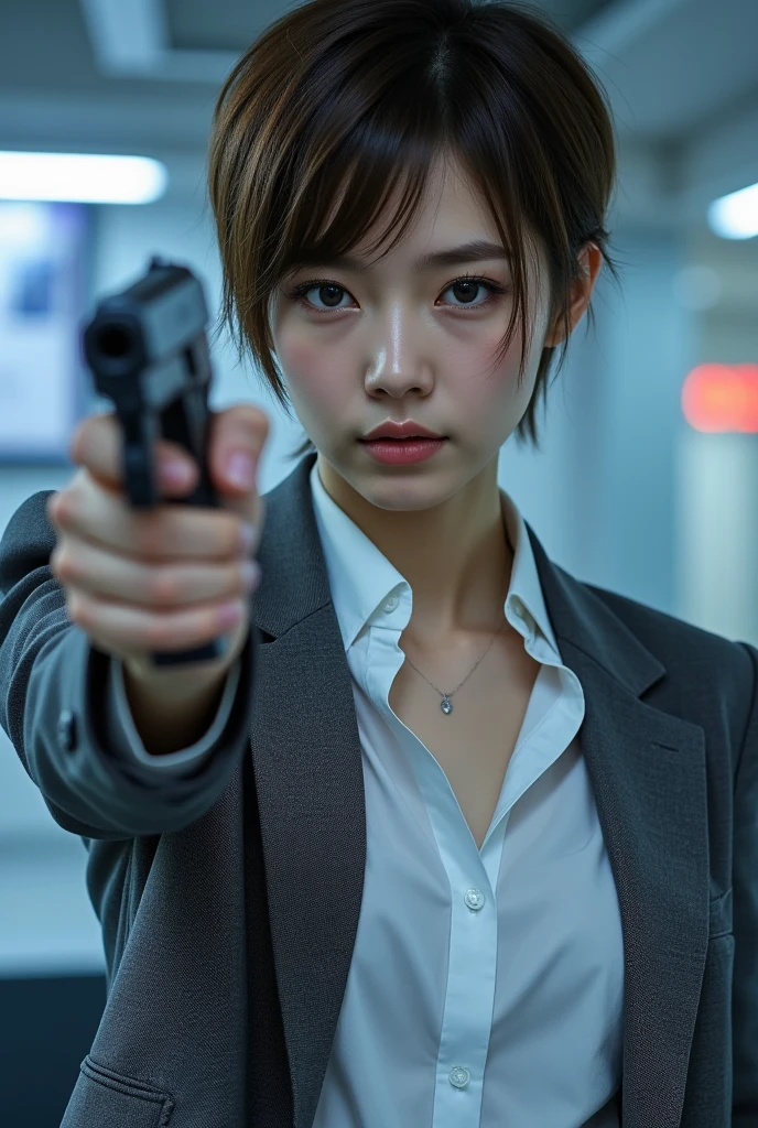 Portrait of a beautiful Japanese woman , Female criminal,  stylish closeup holding up a handgun,  holding a handgun,  brown hair on one woman,  Unkempt, Moist Pixie Cut Hair, Oily skin,  Cool Tone Lighting :1.331,  Sketchy Style :1.331,  high definition,  Digital Artwork ,   gray tailored jacket ,  White Business Shirts, 
