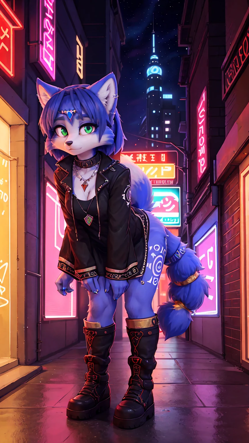 beautiful, (masterpiece), high quality, Highly detailed CG Unity 8k wallpaper, High resolution, perfect lighting, youthful, adolescent, slim, skinny, frail slender figure, medium breast, distinctly feminine figure, narrow hips, close up, huge plump breasts, Beautiful, (masterpiece), high quality, perfect lighting, Highly detailed CG Unity 8k wallpaper, High resolution, perfect lighting, youthful, slim, skinny, frail slender figure, distinctly feminine figure, narrow hips, close-up shot:
Species: Egyptian Jackal
Hair color: Jet black with electric blue streaks
Hair style: Messy bob cut with side-swept bangs
Texture: Slightly tousled and edgy
Eye color: Striking gold with flecks of amber
Fur color and pattern: Rich sandy gold base coat with darker brown markings on the back, tail tip, and ear tips. Lighter cream fur on the chest and underbelly.
Clothes (trying on):
Cropped holographic jacket with oversized shoulders
low waisted red lace panties
Neon yellow mesh crop top underneath the jacket
Accessories:
Multiple ear cuffs and studs along her pointed ears
Chunky, iridescent choker necklace
Assortment of colorful bangles on both wrists
Pose: side profile view, plump ass, bending forward, ass grab, fluffy fuzzy tail
Expression: Playful grin with a hint of mischief
Activity: Spinning in front of a three-way mirror, admiring the eclectic outfit
Background: Vibrant department store with racks of colorful clothing, mannequins in avant-garde outfits, and neon signs. Other anthropomorphic animals visible shopping or working as staff. Fitting room curtains partially visible to one side.