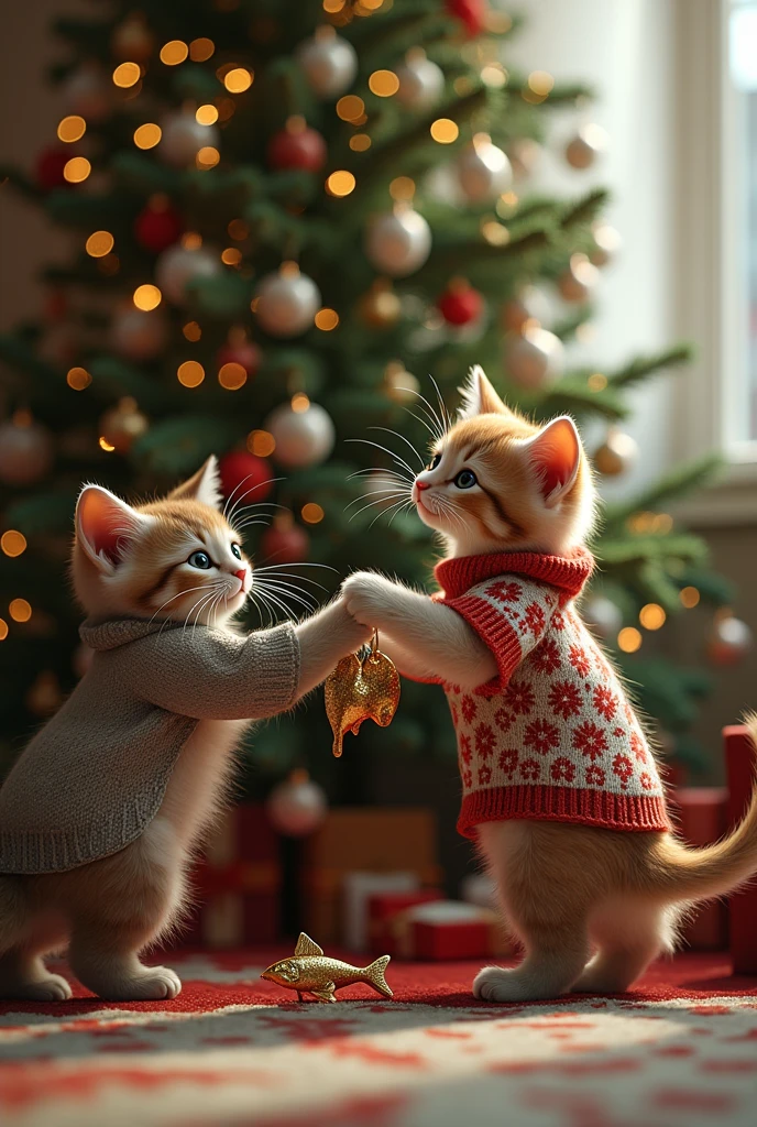 ((masterpiece, highest quality, Highest image quality, High resolution, photorealistic, Raw photo, Extremely detailed CG unified 8k wallpaper)), Sweater-clad kittens attach fish ornaments to a Christmas tree,