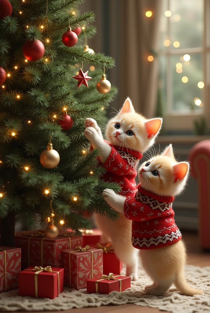 ((masterpiece, highest quality, Highest image quality, High resolution, photorealistic, Raw photo, Extremely detailed CG unified 8k wallpaper)), Sweater-clad kittens attach fish ornaments to a Christmas tree,