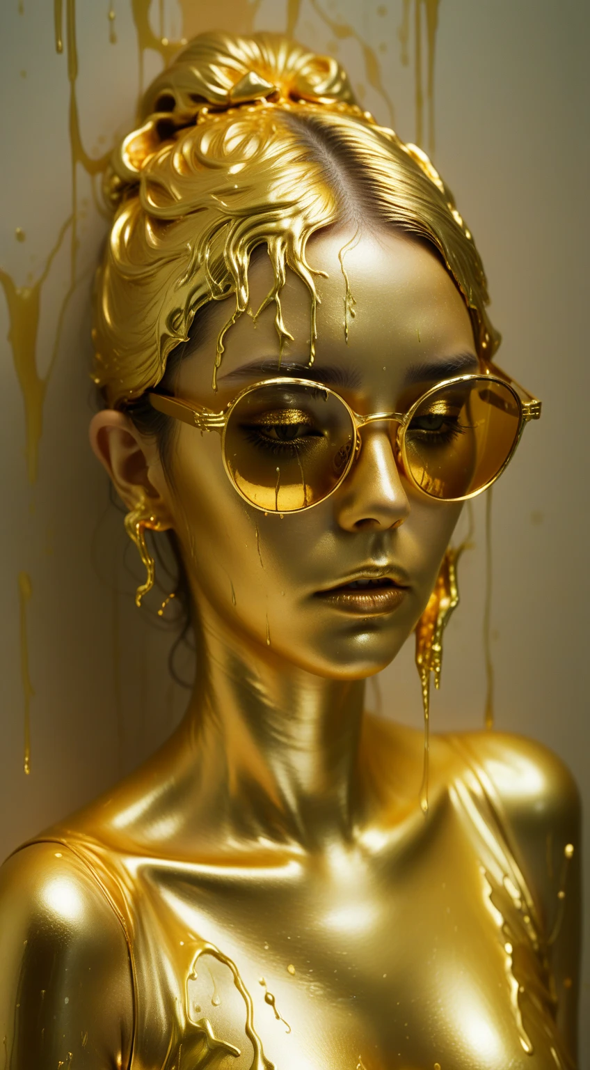 solvique a lilith made of melting gold liquid, in bedroom, cinematic, enigmatic , glasses, auriculares grandes , microfono moderno