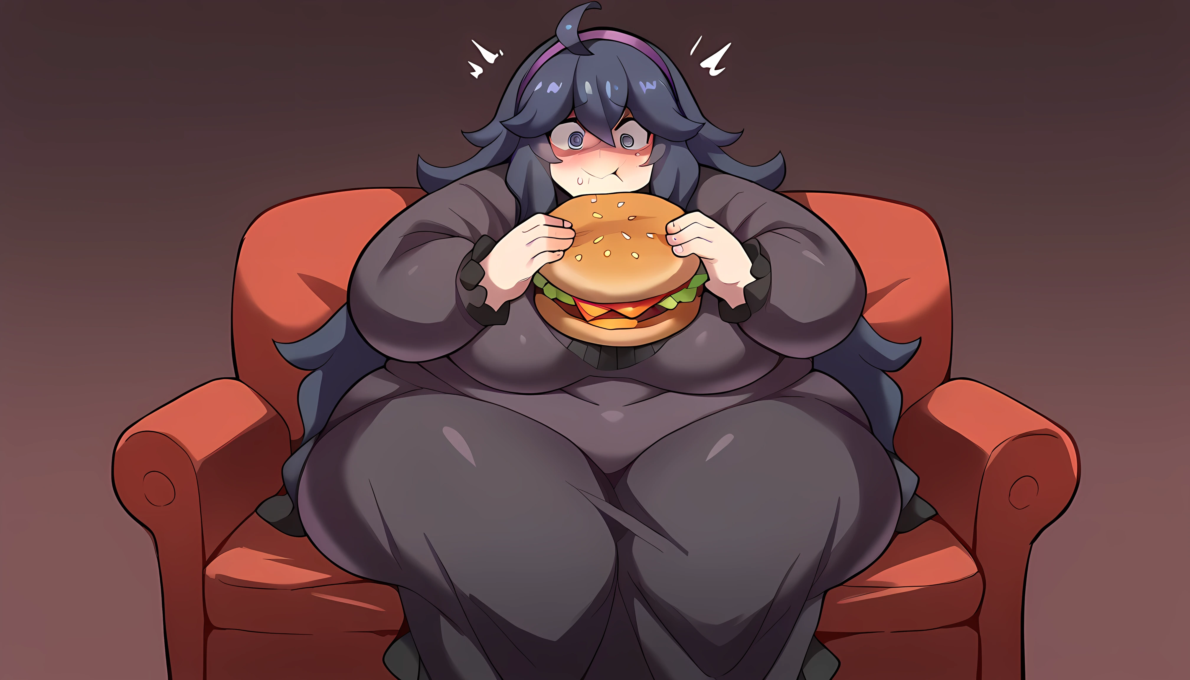 score_9, score_8_up, score_7_up,
BREAK
source_anime,
BREAK
hex maniac \(pokemon\), pokemon, 1girl, purple eyes, purple hairband,
shy, blush, long hair, ahoge, @_@, large breasts, long dress, black dress, long sleeves, fat, chubby, obese, gigantic arms and legs, scaling weight, surprised, eating hamburger, sitting