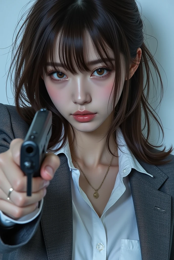 Portrait of a beautiful Japanese woman , Female criminal,  Stylish Closeup,  holding a handgun,  brown hair on one woman, Unkempt, damp, wavy hair, Oily skin,  Cool Tone Lighting :1.331,  Sketchy Style :1.331,  high definition,  Digital Artwork ,   gray tailored jacket ,  White Business Shirts, 
