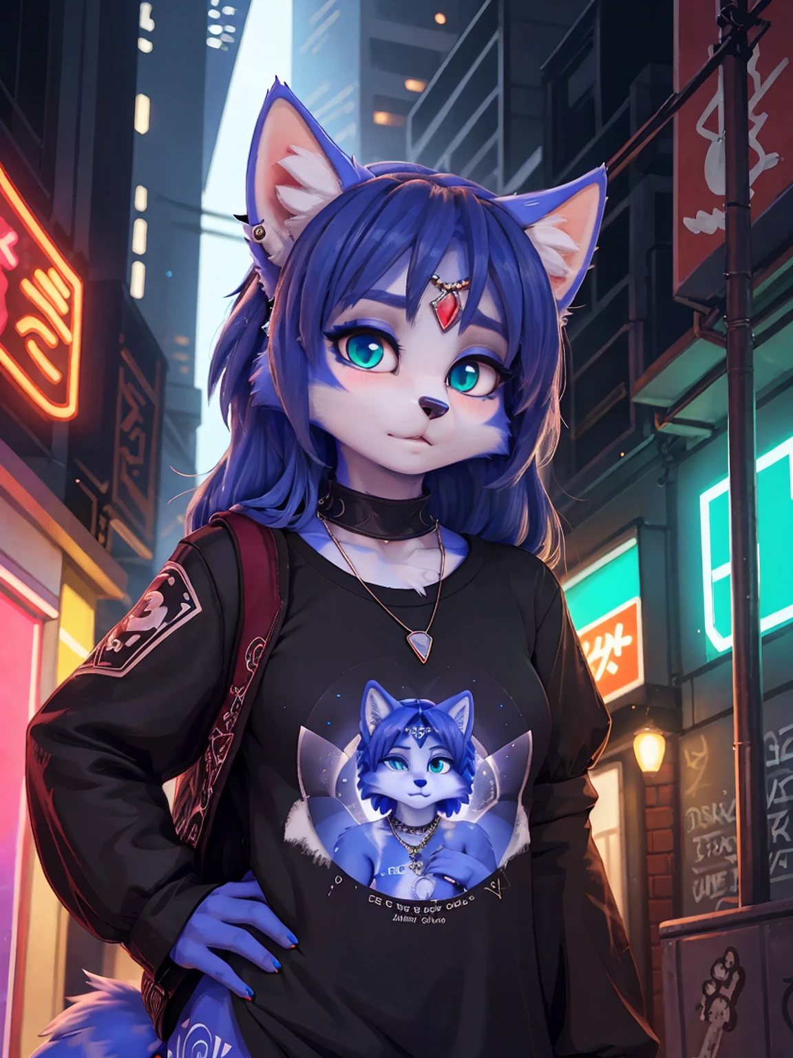 ((krystal)), Star Fox-Krystal, lovable, green eyes, ((( Long blue hair 1 .3))), Decollete, anthro, Fuzzy,  detailed Fluffys fell,  detailed face , (Fluffy),  1 girl, ,woman, Goth, green eyes, undercut, ultra-realistic 8k cg ,  masterpiece, (( ultra-detailed background, delicate patterns,  complex part )),  best quality,  complex part s,  chromatic aberration,  1 girl, full height ,  long hair, dirty hair,  red markings ,  hair over one eye , Sharp eyes, Necklace, , colorful graffiti, hello, Dim light,  roadway ,  masterpiece,  best quality, , Score_9, Score_8_high, Score_7_high, Surreal witchcraft :  Abstract character portrait of a beautiful and charming master witch,  Her face is surrounded by intricate dark flowers ,  birds and other surreal elements ,  shy ,, bent forward 