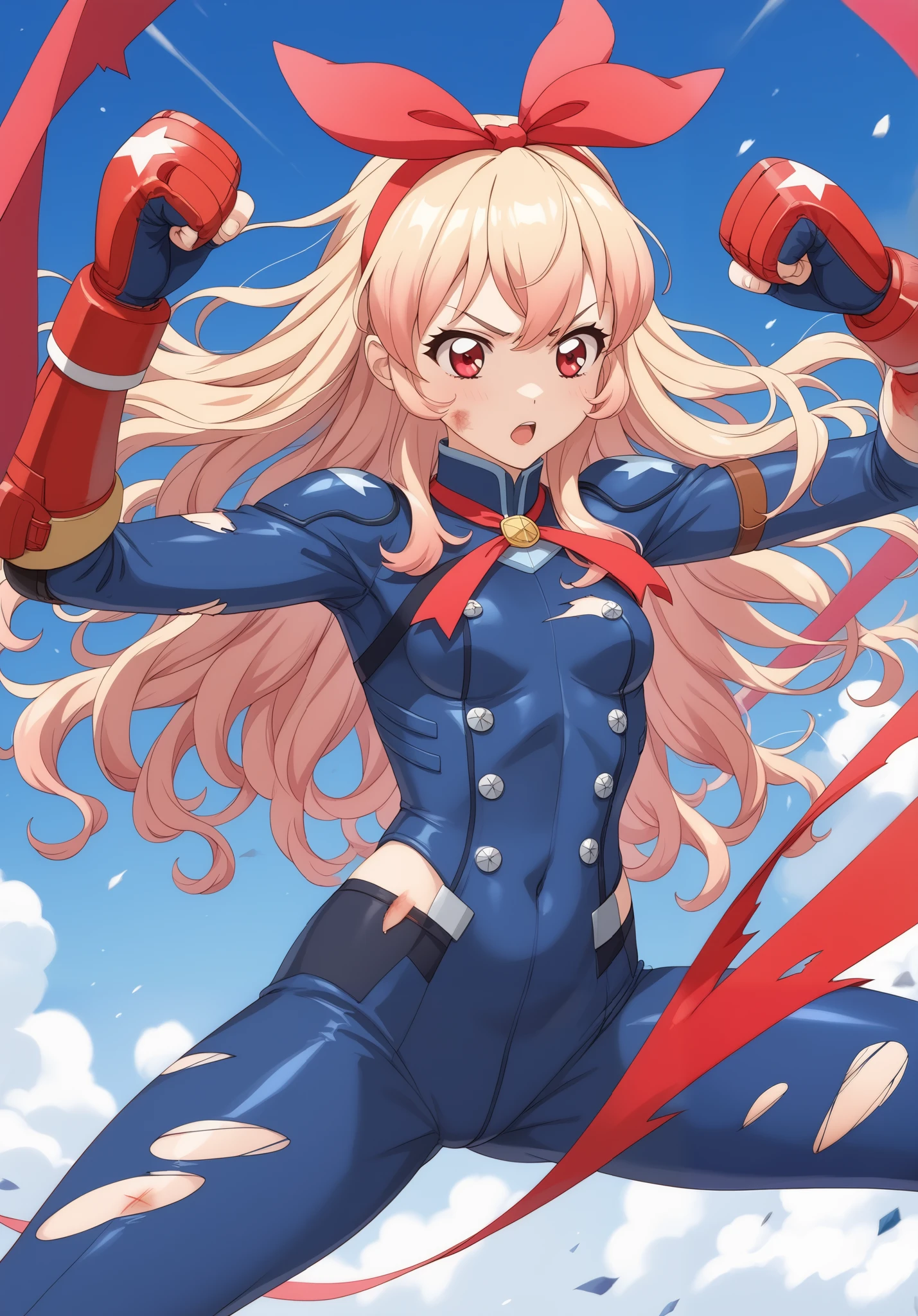 (red ribbon on hairband:1.2),(masterpiece, best quality, highres),BlondeHAIR,Primary school students、、Long Hair、Small breasts、Small breasts、Body Type、injured body、((damaged iron man suit、Crotch crack))、City of night、Rooftop、Boxing stance、 、Realistic body、battlefield、Fight the enemy