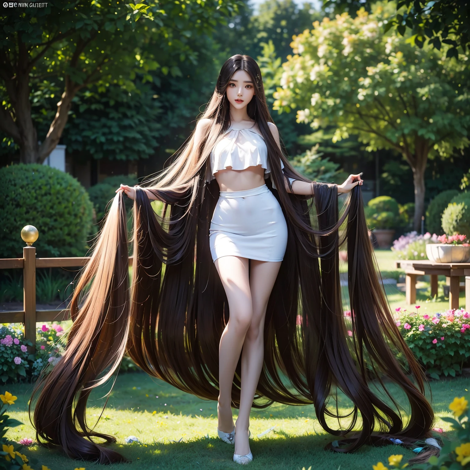 Araffe with long brown hair standing in a garden - SeaArt AI