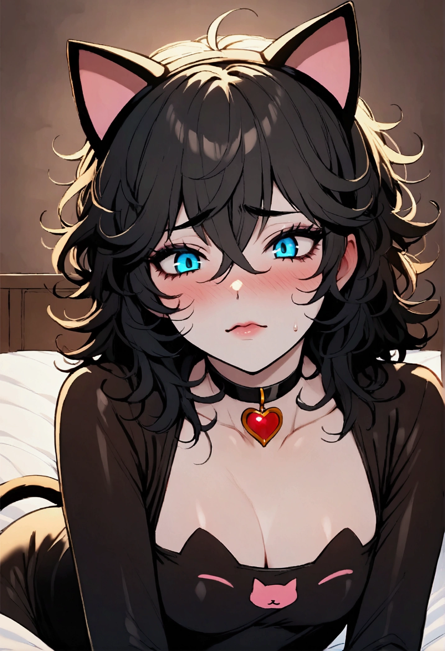 Femboy Man,sexy cat costume , choker , lustful expression ,background a bed