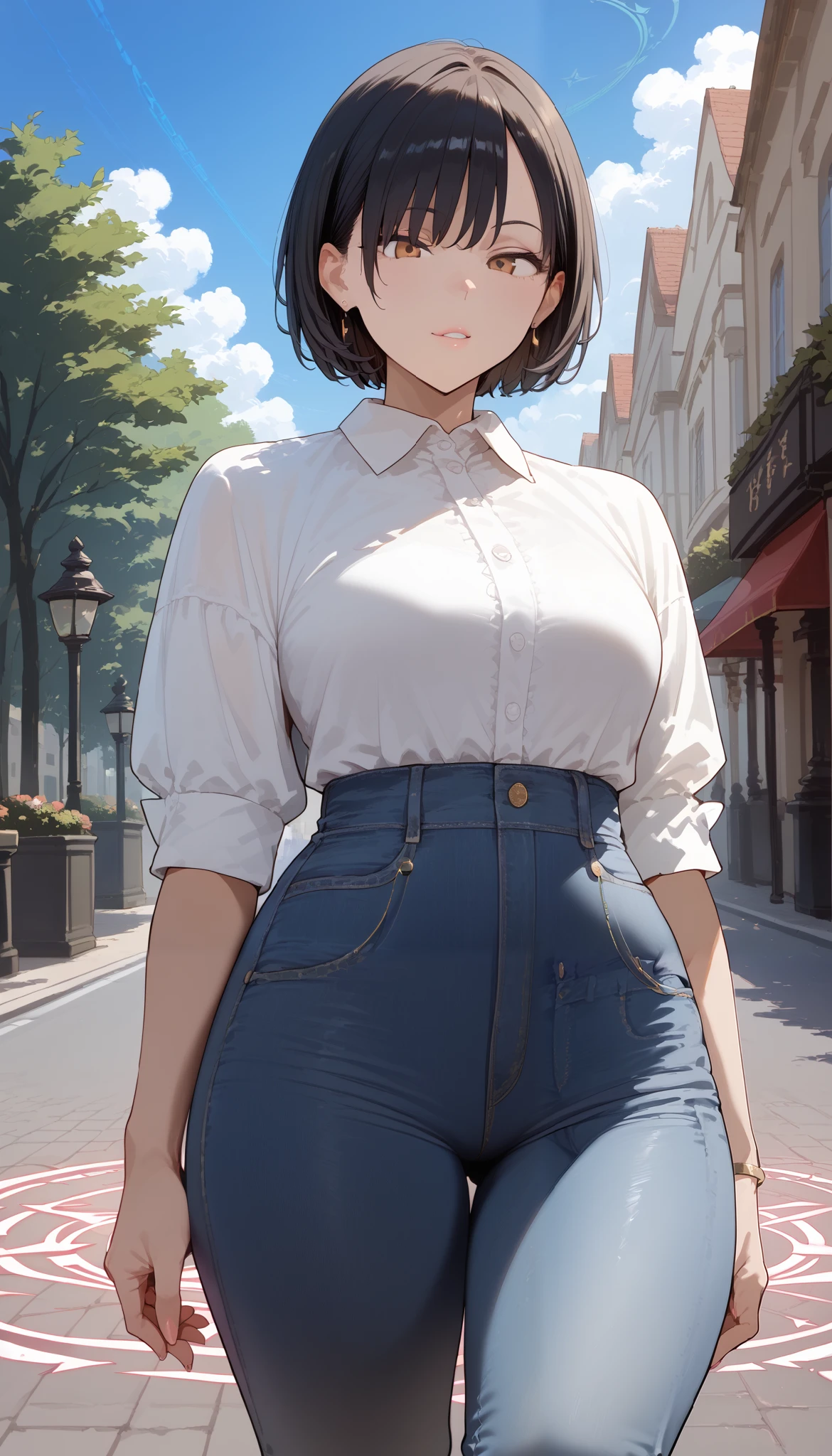 Female 1 (20 years old) , perfect face without magic circle, perfect body , Hourglass body, Black short hair , thin waist, street background, Wide shot, Portrait of taking a picture, Modern costume , white blouse, tight jeans