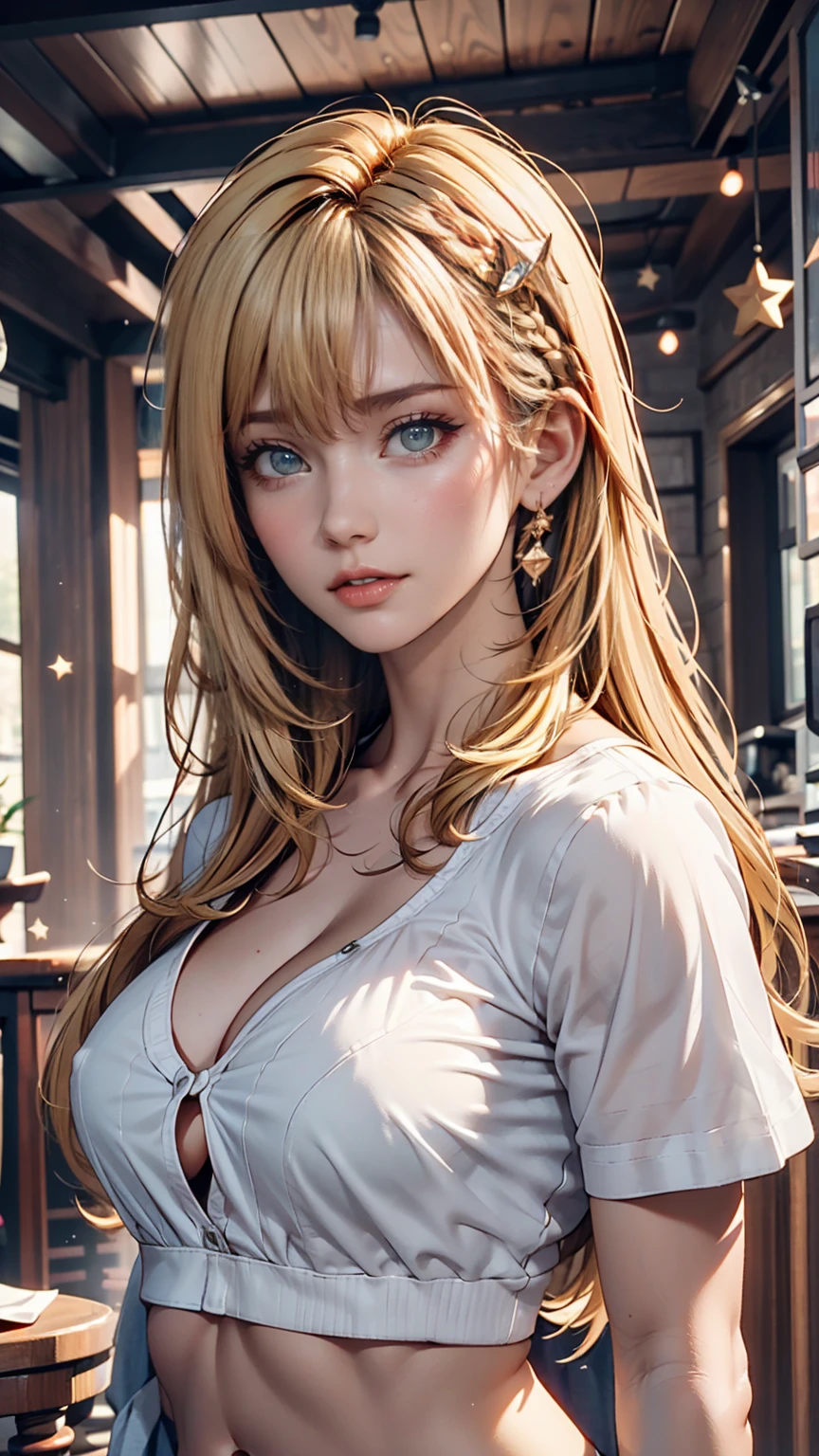  1 girl,  blonde hair ,  holding a star ,  blue eyes, Clothes lift, Alone,  hair ornament ,  hair clip,  long hair,  raise shirt,  braided ,  viewers who stop at the edge, lips,  lifted by itself,  heads,  upper body, belly button, day, white shirt,