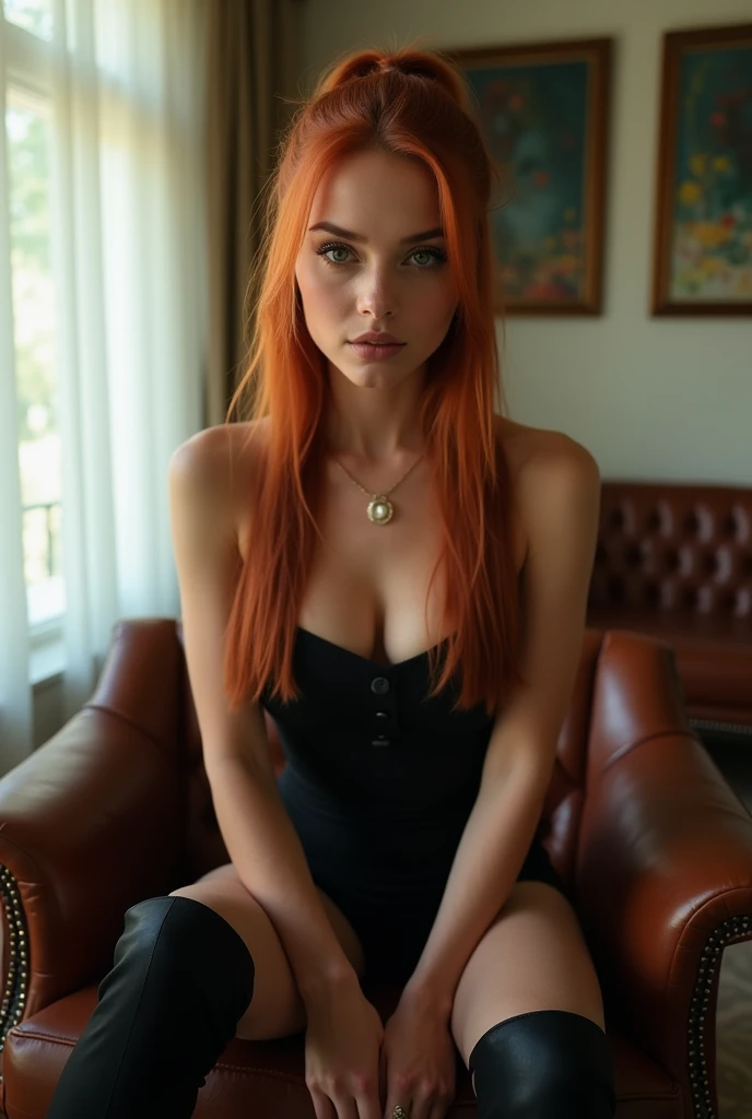 ultra realistic, photography, long red hair, girl, 24 years old, hourglass figure, perfect body, Flirty look, extremely detailed artgerm, in the style artgerm, lens 35 mm, blur background, sitting in a chair in the living room, wearing a tight cotton top and a short latex skirt, putting on opaque thigh socks, showing off legs, long legs, touching her legs, sexy legs, attractive legs, full body picture, full body portrait, full body, wide shot, wide angle
