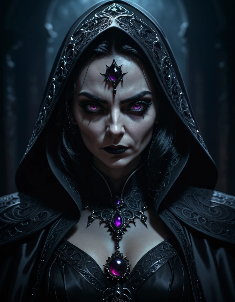 Mordana, low dim lighting, dark chamber, smirk, blood on her face, cultist markings,