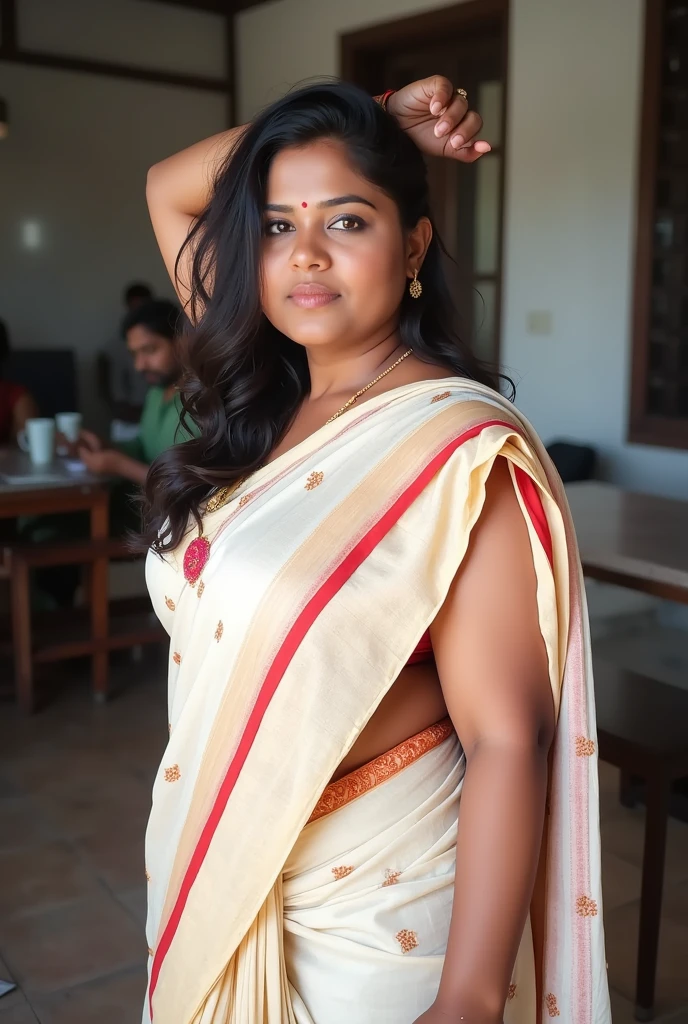 photo of hourglass figure Mature Indian Bengali Aunty with dusky skin, wearing Transparent chiffon yellow saree and green strapless sleevless Blouse, showing her large U cut Cleavage, Red Sindoor on her forehead, Both hands streched up above head showing dark hairy armpits,Hair messed up, nice curves, sitting on a hut balcony , sensual, erotic, Dim light in the hut