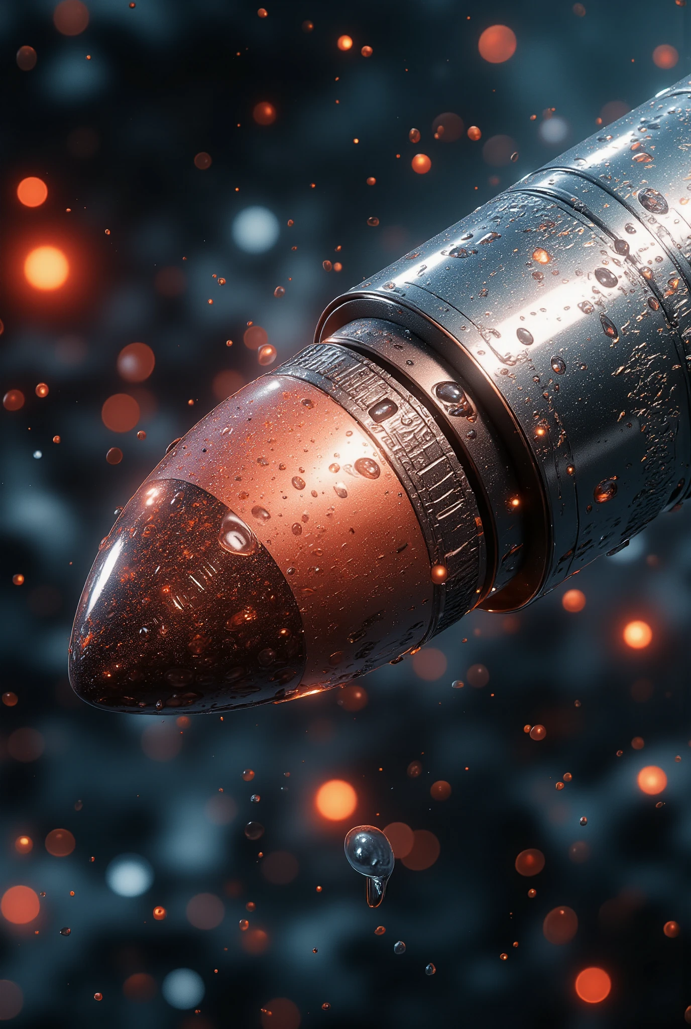 (masterpiece, best quality), (score_9,score_8_up,score_7_up), (highly-detailed, extra detail, intricate details), cool dreamy aesthetics, raytracing, 8k, ultra high definition, (subtle depth of field:0.25), (subtle bloom:0.5), soft lights, rich vivid colors, light particles, super cool special effects, glowing details, vibrant textures, dramatic lighting, captivating visuals, (still_shot of a bullet through the air, close up, focus on bullet), intricate engravings on bullet's surface, (frozen time:1.3),