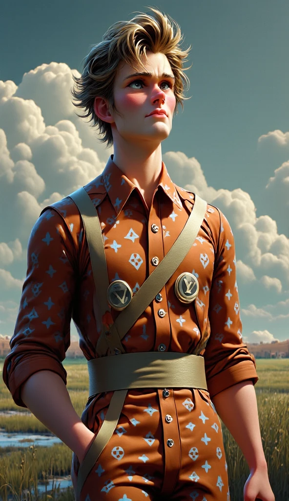 The clothes are all adorned with the Louis Vuitton logo, featuring handsome models wearing Louis Vuitton clothing adorned with the LV emblem. The brown garments exude a cool vibe. The subjects are portrayed as 3D artworks against natural backgrounds. Pop Mart blind boxes, Pixar, 3D rendering, blenders, Octane rendering, cropped waists, solid-colored backgrounds, and 8K resolution are also present, Dark cinematic look