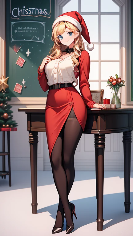  Christmas winter scenery  ，  christmas illustration，masterpiece 、     high definition    、  top quality，  Details，  cute, beauty， beautiful womanの一人  、２7 years old、   school teacher   、 blonde alone  、   blue eyes、 sexy Santa Claus costume、   school classroom、   cute顔 、   blackboard   、smile、((  Full body pose  ))、((  beautiful woman))