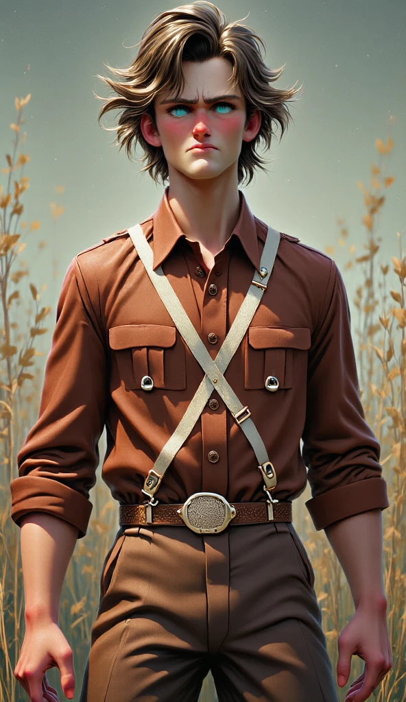 The clothes are all adorned with the Louis Vuitton logo, featuring handsome models wearing Louis Vuitton clothing adorned with the LV emblem. The brown garments exude a cool vibe. The subjects are portrayed as 3D artworks against natural backgrounds. Pop Mart blind boxes, Pixar, 3D rendering, blenders, Octane rendering, cropped waists, solid-colored backgrounds, and 8K resolution are also present, Dark cinematic look