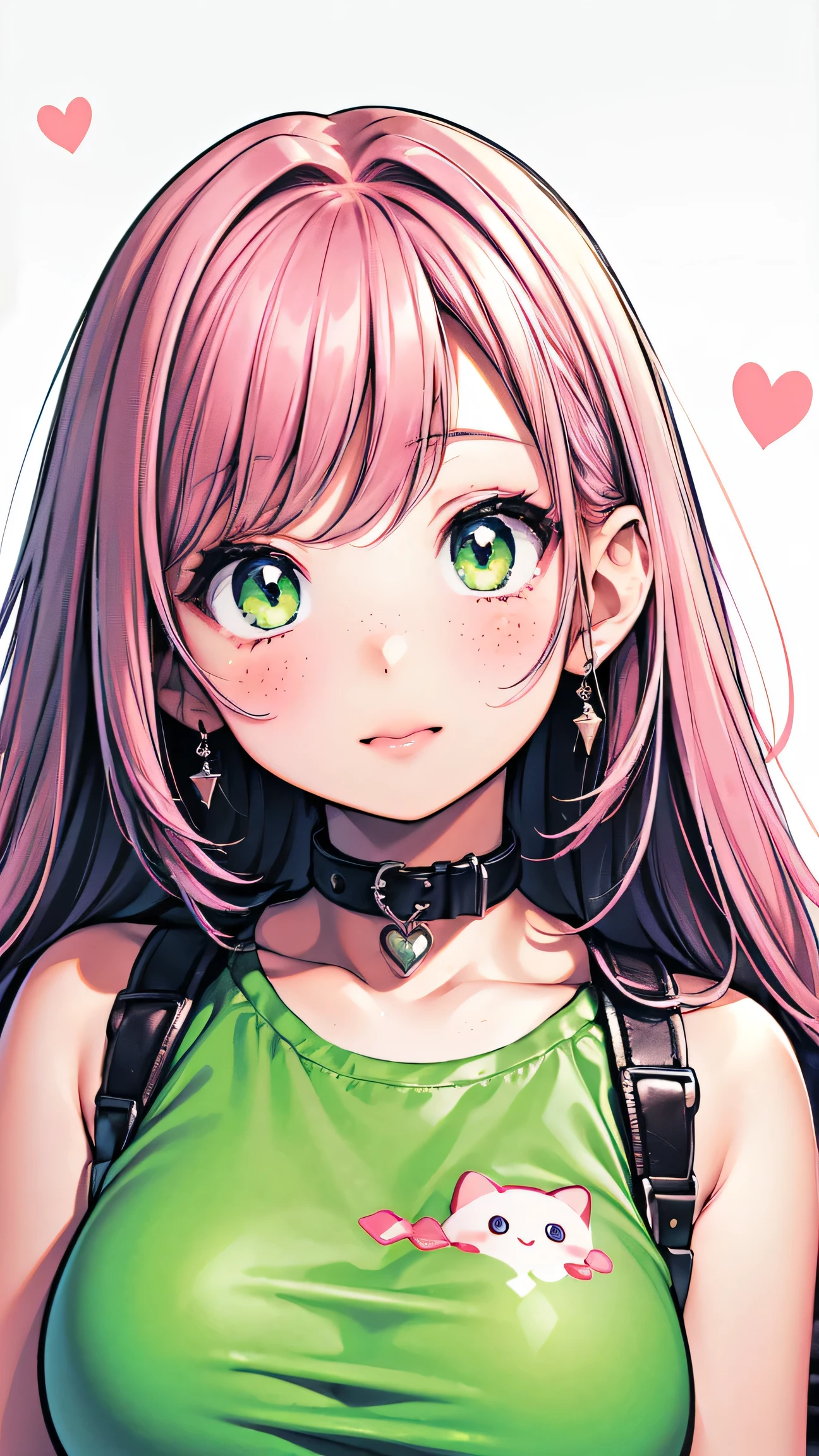 (masterpiece, highres, high resolution:1.2), anime 20 yo girl, portrait, shoulders up, illustration. drawn, violet hair, asian girl, green eyes, blushing, solo, surprised, freckles, big lips, huge breasts, perfect body, wearing a tight crop top, no hands.