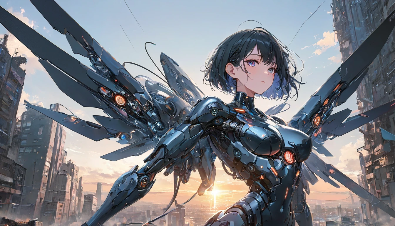 (((Best quality, 8k, Masterpiece: 1.3)), ((best quality)), ((masterpiece)), (detailed), perfect face, perfect body, (detailed skin:1.3), (intricate details), Sci-fi, android, mechanical arms, metallic body, streamlined body, black hair, short hair, glittering even to the tips, Ruined city and buildings, sunset, Cyberspace, a highly functional mechanical body