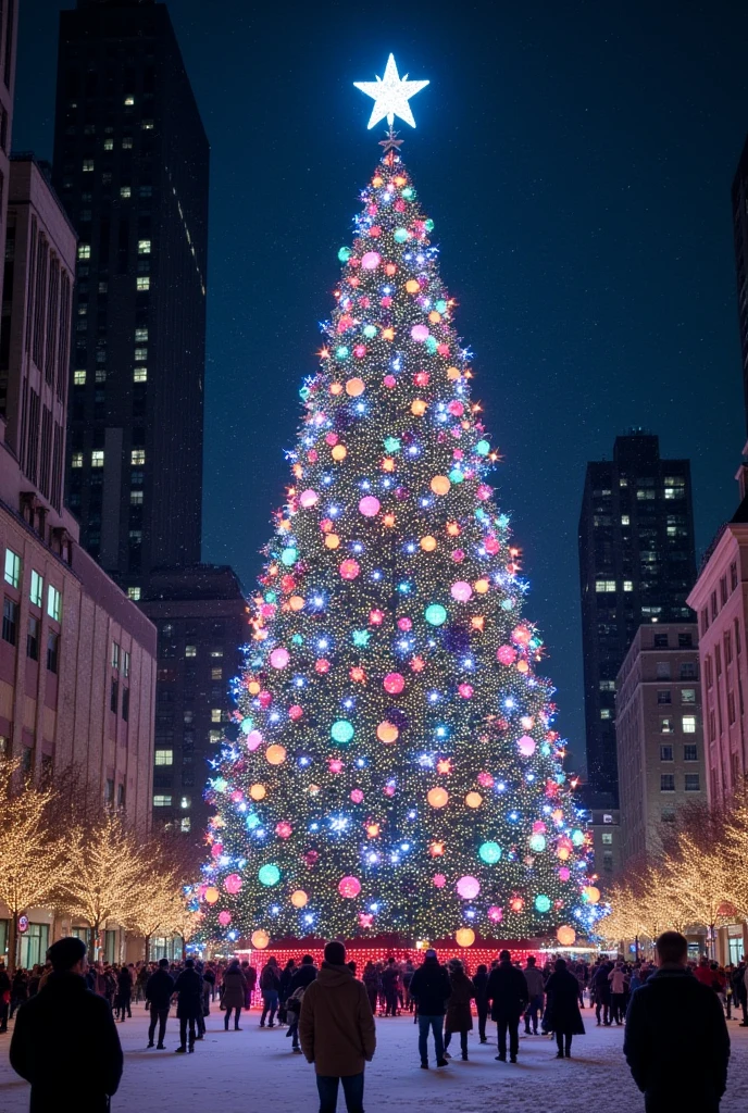 The world's largest Christmas tree, beautifully decorated with colorful lights and ornaments, set in a bustling city square during nighttime, realistic and vibrant atmosphere, snow gently falling around, people admiring the tree.