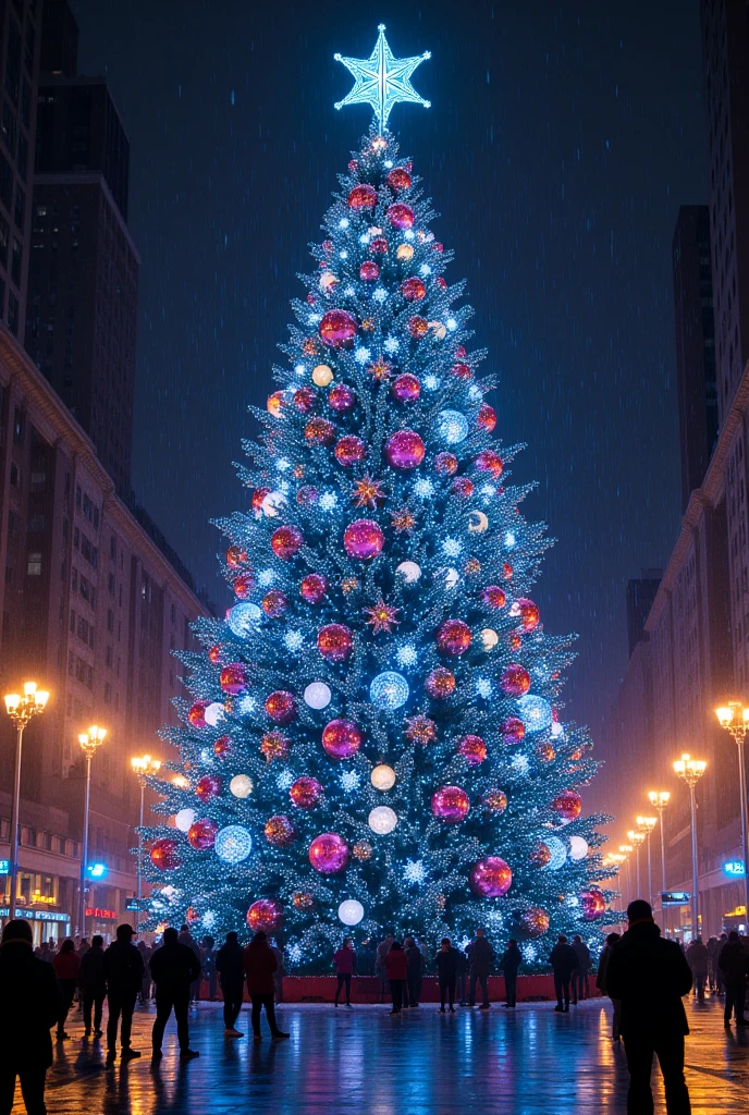 The world's largest Christmas tree, beautifully decorated with colorful lights and ornaments, set in a bustling city square during nighttime, realistic and vibrant atmosphere, snow gently falling around, people admiring the tree.