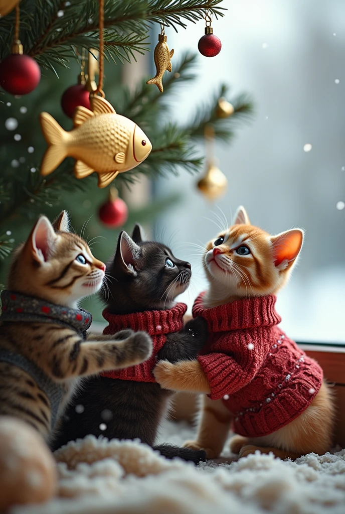 ((masterpiece, highest quality, Highest image quality, High resolution, photorealistic, Raw photo, Extremely detailed CG unified 8k wallpaper)), Sweater-clad kittens attach fish ornaments to a Christmas tree,