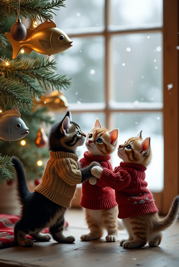 ((masterpiece, highest quality, Highest image quality, High resolution, photorealistic, Raw photo, Extremely detailed CG unified 8k wallpaper)), Sweater-clad kittens attach fish ornaments to a Christmas tree,