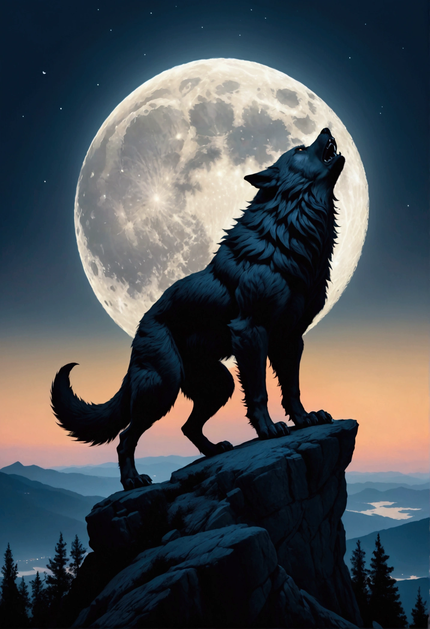  huge werewolf silhouette, howling,  on top of a mountain , In the light of the full Moon , Full moon in the background