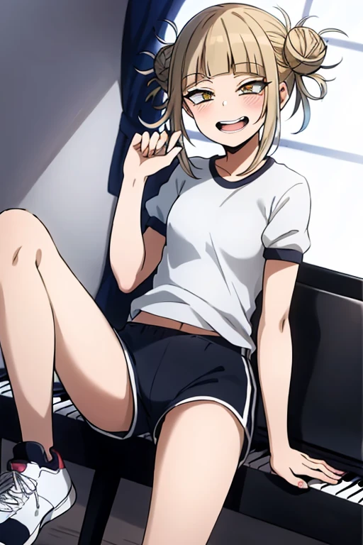 (( top quality)), ((masterpiece)), (be familiar with),  perfect face, indoor, bedroom, looking at the viewer,
One woman, I was,
 open mouth,  ecstatic expression beside the piano, blush, smile,
 small ,  flat chested, Young girl, Lori,  ,  girl,
 long hair,  twin bun hair ,
Gym clothes, White short sleeves, Black shorts, Leg spread,