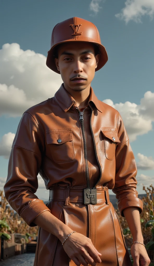 The clothes are all adorned with the Louis Vuitton logo, featuring handsome models wearing Louis Vuitton clothing adorned with the LV emblem. The brown garments exude a cool vibe. The subjects are portrayed as 3D artworks against natural backgrounds. Pop Mart blind boxes, Pixar, 3D rendering, blenders, Octane rendering, cropped waists, solid-colored backgrounds, and 8K resolution are also present, Dark cinematic look