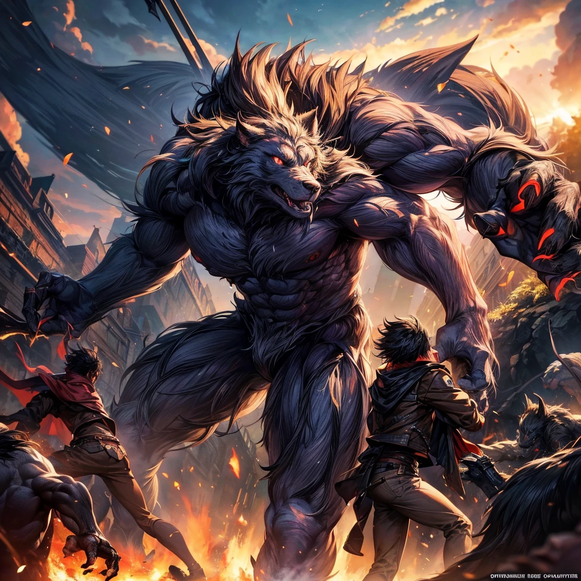 A group of human hunters fighting a single huge werewolf,, ((ultra quality)), anime enhancement, ((8k resolution, masterpiece, best quality)), ultra detailed, ultra sharp, perfect colors, perfectly shaded, perfect lighting, very detailed face, perfect anatomy, 