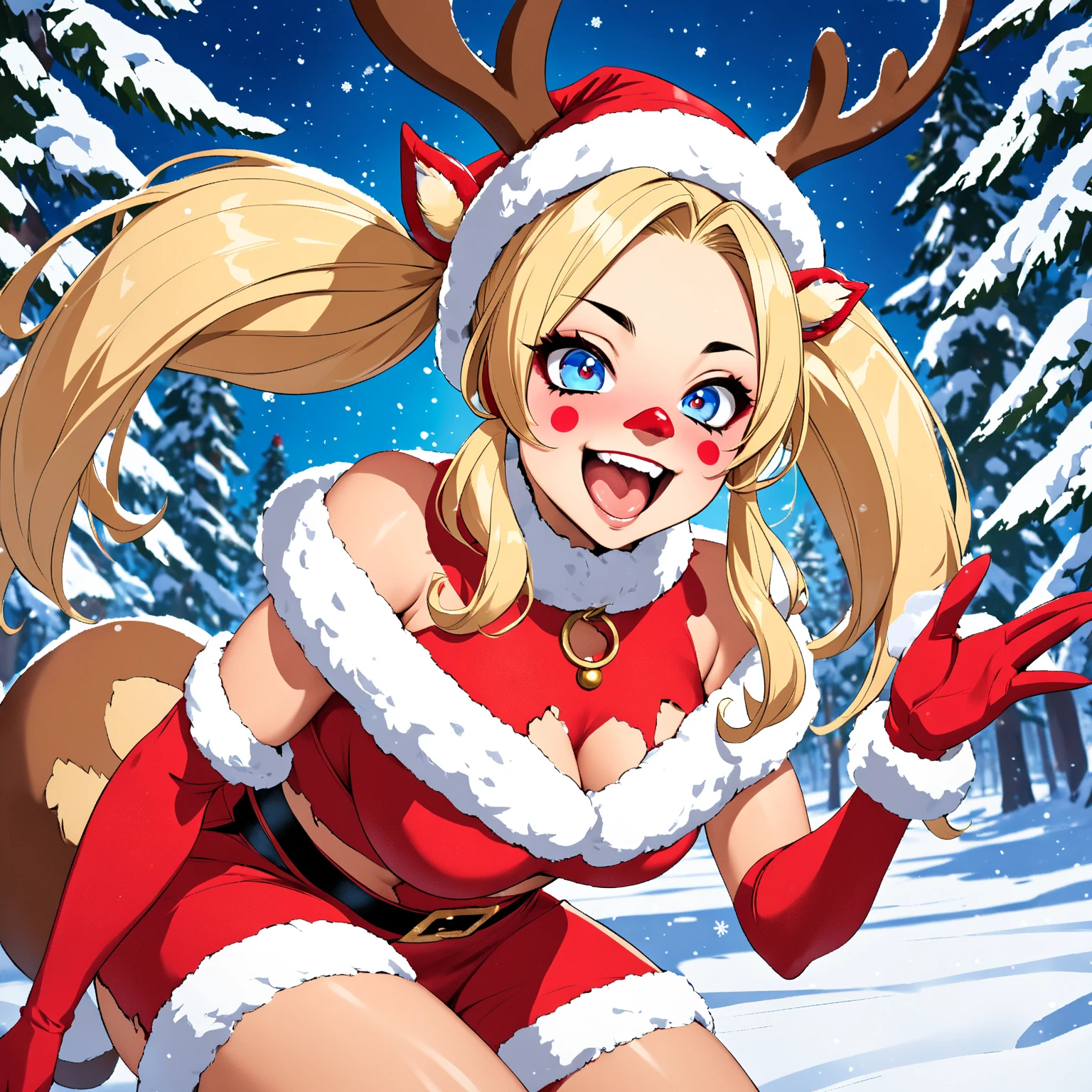 Professional photography, Catgirl, ((blonde cat ears)), blonde hair, (detailed eyes), smile, ((braid)), Yellow eyes, golden eyeshadow, cat ears, lipstick, medium breasts, BREAK, (mini dress with jingle bell details), striped leggings, and a Santa hat, perfect for spreading holiday cheer as Santa's helper.