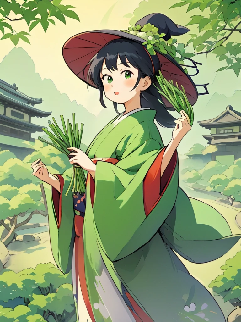 Japanese woman in kimono, witch, cartoon, holding green beans, Japanese environment background